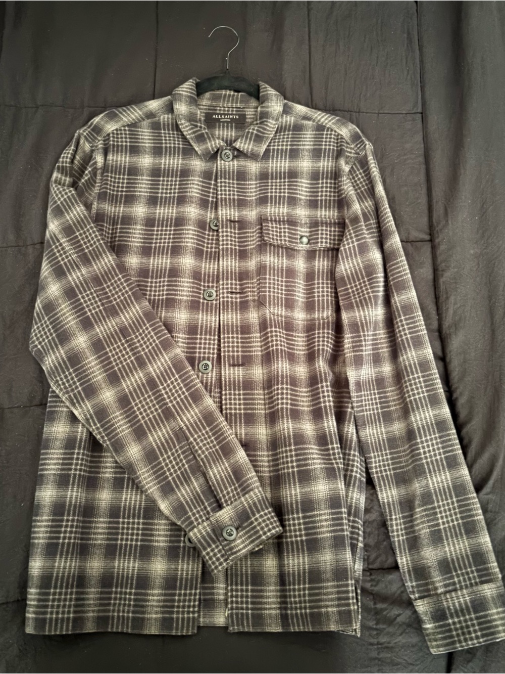 All Saints Men's Gray and Black Plaid Button-Down Shirt